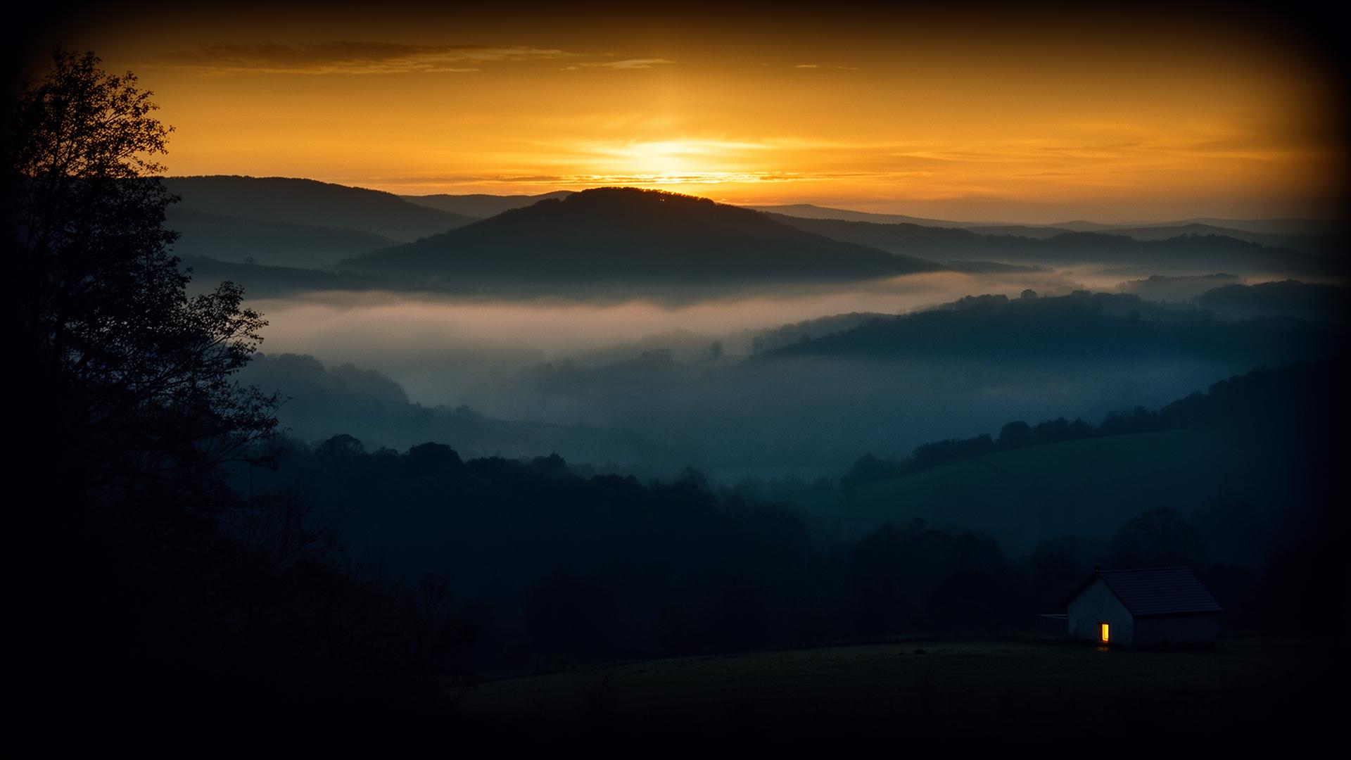 Misty hills at dawn with a single lit cottage in the distance